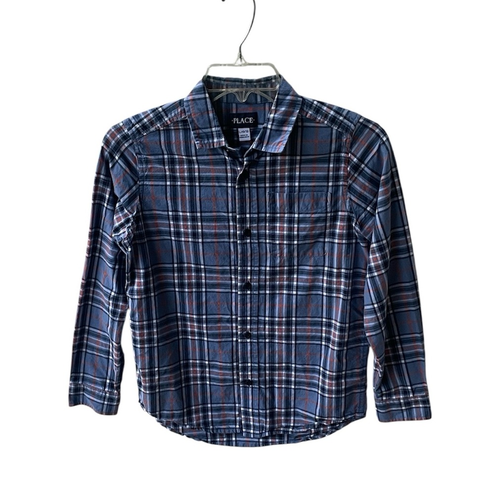 PLACE BOYS BLUE PLAID LONG SLEEVE BUTTON DOWN DRESS SHIRT SIZE LARGE 10/12
